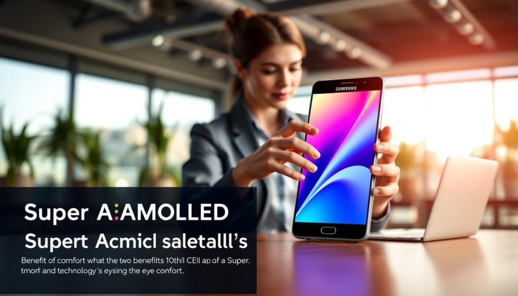 A sleek Samsung Galaxy smartphone with a vibrant Super AMOLED display, prominently showcased in the foreground. The screen illuminates with rich colors, emphasizing deep blacks and vivid hues. In the middle ground, a well-lit modern office setting is depicted, featuring a stylish wooden desk, plants in the background, and soft-focus elements to enhance depth. The lighting is warm and inviting, highlighting the smartphone as the focal point. A professional businessperson in modest casual attire is gently interacting with the device, reflecting comfort and ease of use. The atmosphere conveys innovation and sophistication, inviting the viewer to appreciate the benefits of the Super AMOLED technology for eye comfort.
