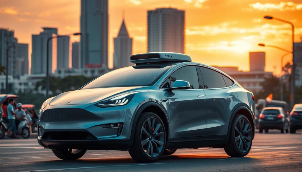 A sleek Tesla Robotaxi with the Full Self-Driving system is parked on a bustling Jakarta street in 2025. The vehicle is showcased prominently in the foreground, emphasizing its futuristic design with smooth lines and innovative sensor placements. In the middle ground, urban elements such as modern skyscrapers and local street life underline the setting, highlighting an advanced, tech-friendly environment. The background features a vibrant sunset casting warm orange and pink hues across the skyline, creating a dynamic contrast with the vehicle's metallic finish. Soft lighting and reflections enhance the car's features, while the angle captures the Robotaxi’s perspective as if inviting viewers to experience the future of transportation. The overall atmosphere is one of optimism and innovation.