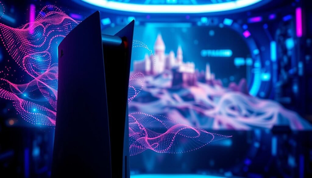 A sleek, futuristic PlayStation 5 console prominently displayed in the foreground, showcasing its elegant design with smooth curves and a glossy black finish. Surrounding the console, ethereal visual elements representing "Spectral Super Resolution" emerge, forming vibrant, pixelated patterns that appear to flow and shimmer, symbolizing enhanced graphics. In the middle ground, a stunning gaming scene comes alive, featuring a hyper-realistic fantasy landscape with intricate details, showcasing enhanced resolution and depth. The background features a blurred, atmospheric digital environment, bathed in dynamic blue and purple lighting, evoking a tech-savvy and immersive mood. The scene is captured from a slightly elevated angle, highlighting the console and its digital effects in a stunning display. A sleek, futuristic PlayStation 5 console prominently displayed in the foreground, showcasing its elegant design with smooth curves and a glossy black finish. Surrounding the console, ethereal visual elements representing "Spectral Super Resolution" emerge, forming vibrant, pixelated patterns that appear to flow and shimmer, symbolizing enhanced graphics. In the middle ground, a stunning gaming scene comes alive, featuring a hyper-realistic fantasy landscape with intricate details, showcasing enhanced resolution and depth. The background features a blurred, atmospheric digital environment, bathed in dynamic blue and purple lighting, evoking a tech-savvy and immersive mood. The scene is captured from a slightly elevated angle, highlighting the console and its digital effects in a stunning display.