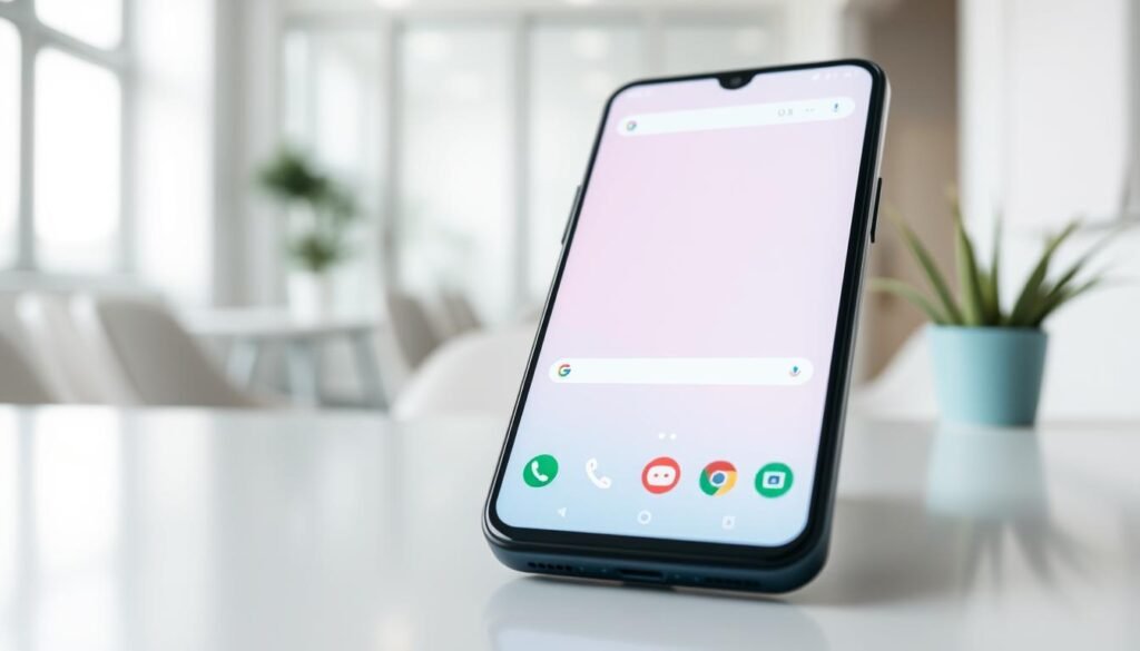 A sleek, modern smartphone display showing the user interface of Android 10 and 11, emphasizing the distinct design elements introduced during this era. In the foreground, the smartphone is positioned on a minimalist desk, reflecting a clean and professional aesthetic. The background features a blurred office environment with soft, natural lighting that creates a calm atmosphere. The camera angle is slightly above eye level, focusing on the smartphone’s screen, which showcases subtle yet identifiable icons and notifications. The color palette consists of soft pastels to evoke a sense of tranquility and innovation, representing the era when Android shifted away from food-themed names. The overall mood conveys a sense of technological progression and professionalism without any text or overlays.