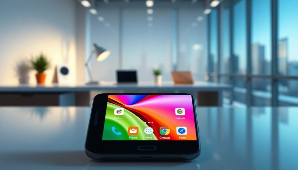 A sleek, modern smartphone displaying the Android Lollipop and Marshmallow interfaces in a professional, minimalist setting. In the foreground, a vibrant, colorful interface showcasing Material Design elements like cards, shadows, and ripples. The middle layer features a stylish workspace with a clean desk and soft ambient lighting, casting gentle shadows that emphasize the design aesthetic. In the background, subtle hints of a futuristic city skyline blur softly, conveying a sense of advanced technology. The atmosphere is bright and inviting, evoking a sense of innovation and digital evolution. The composition should be sharp, with a focus on sleek lines and vibrant colors that capture the essence of Material Design without any text or branding.