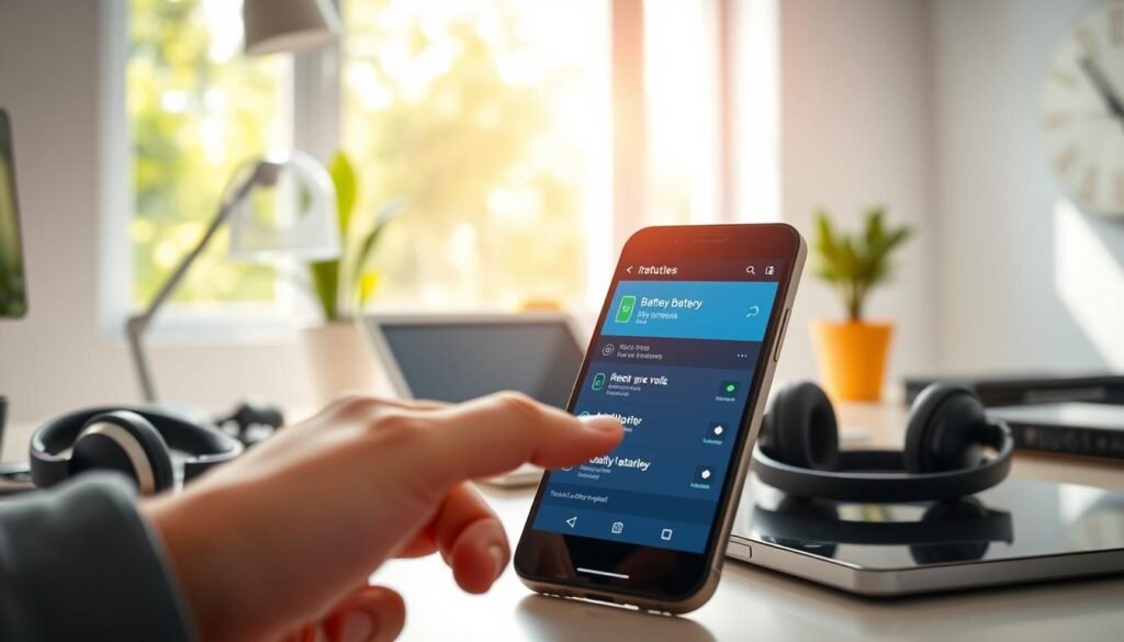 A smartphone displaying a battery optimization interface with features highlighted, set against a bright and modern workspace. In the foreground, a close-up of a hand tapping on the screen, showcasing intuitive user interaction. In the middle, a desk cluttered with tech gadgets, including headphones and a tablet, indicating a tech-savvy environment. In the background, a sunny window view with lush greenery outside, illuminating the space and reflecting a sense of tranquility. The overall lighting should be bright and inviting, evoking a feeling of productivity and efficiency. The composition should focus on the smartphone, enhancing the visual narrative of daily battery impact, using a soft focus on the surroundings to draw attention to the device.