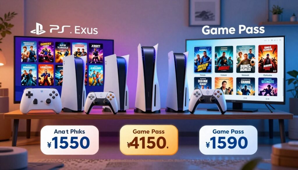 A split-screen image depicting a vibrant comparison of gaming subscription prices in January 2025. On the left, visualize an array of gaming consoles and devices showcasing PS Plus Extra, with a visually striking representation of popular games available in its library. The right side features Game Pass Ultimate, illustrated with its own selection of games and platforms. In the foreground, add a stylized price tag for each subscription plan, designed attractively to draw attention. The middle ground should be a sleek gaming setup with modern tech elements, while the background subtly implies a tech-savvy, modern living room atmosphere. Use soft, warm lighting to create an inviting mood, shot from a slightly elevated angle for a comprehensive view, emphasizing the value for Indonesian gamers.