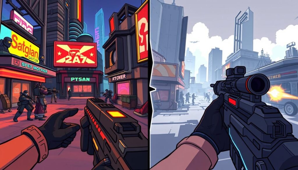 A split-screen image illustrating the comparison between an original first-person shooter (FPS) game and its competitor's imitation. On the left, a dynamic scene showcasing the original game, featuring a vibrant urban environment with futuristic elements, intense action, and sharp graphics that highlight unique character designs and iconic weapons. On the right, an imitation game display, displaying a slightly less polished version of the same environment, with muted colors and simplified character models, indicating a derivative nature. The foreground should capture the essence of gameplay through immersive perspectives, while the middle-ground shows character interactions and shooting sequences. The background emphasizes the contrast in art styles, with lighting that enhances the high-energy atmosphere of the original and a more subdued tone for the replica. The mood is competitive and engaging, encapsulating both innovation and imitation in the gaming industry.