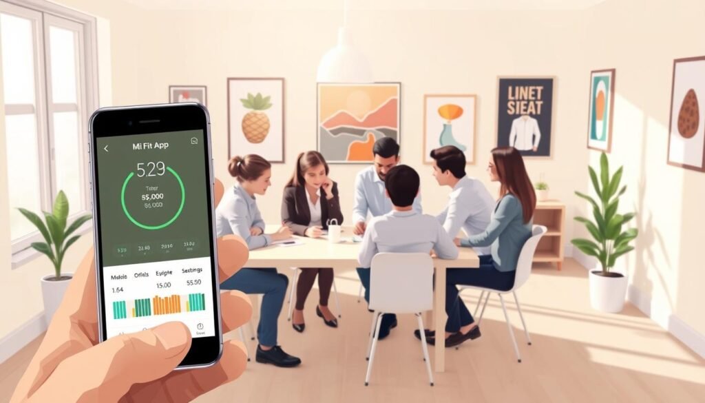 A step-by-step fitness application guide illustration focused on using the Mi Fit app to achieve a daily step count of 50,000 without physical movement. In the foreground, depict a smartphone displaying the Mi Fit app interface, highlighting clear metrics and colorful graphics. In the middle ground, a diverse group of individuals in business casual attire is gathered around a table, reviewing the app's features. The background features a modern home office with motivational decor and fitness-themed posters. Soft, natural lighting filtering through a window enhances the inviting atmosphere. A slight overhead angle emphasizes engagement and collaboration, creating a sense of innovation and productivity. The overall mood is professional yet approachable, perfect for a fitness technology guide.