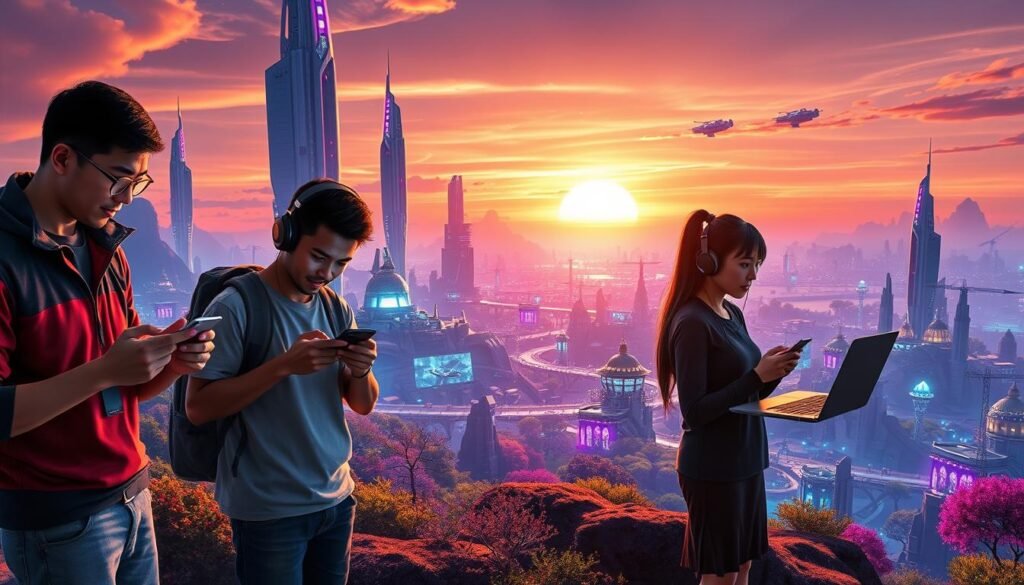 A vibrant and futuristic digital landscape showcasing the "Tower of Fantasy" game setting. In the foreground, a group of three diverse gamers, two men and one woman, are intently playing on their mobile devices and a laptop, dressed in casual yet stylish gaming attire. The middle ground features iconic elements from the game, such as towering sci-fi structures and lush, colorful landscapes filled with neon lights and flying vehicles. The background includes a breathtaking sunset, casting a warm glow over the cityscape, with wispy clouds and hints of stars appearing. The lighting is dynamic, emphasizing the excitement of gaming and the seamless transition between mobile and PC platforms. The atmosphere is energetic and immersive, inviting viewers into the world of gaming possibilities.