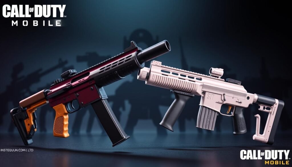 A vibrant, detailed comparison of Call of Duty Mobile's meta shotguns, displayed against a sleek, futuristic gaming background. In the foreground, showcase two distinct shotguns side by side: one with a robust design and tactical attachments, and the other sleek and modern in appearance. Use a dramatic angle to emphasize their features, capturing the intricate details of the barrels and stocks. The middle ground should be filled with stylized silhouettes of other popular weapons fading into the background, creating a sense of depth. Utilize dynamic lighting to highlight the guns, casting intriguing shadows, while ensuring a focused, professional atmosphere. The overall mood should be intense and competitive, suitable for a gaming environment.