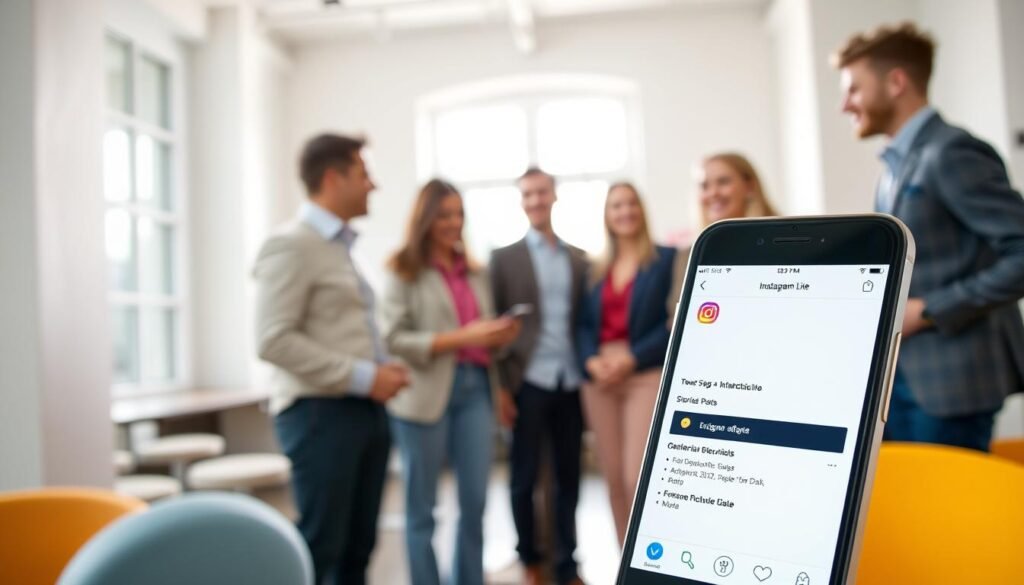 A vibrant, modern smartphone displaying the Instagram Lite interface prominently in the foreground, showcasing its sleek and minimalistic design. The screen features clean icons highlighting key features like Reels, Stories, and Posts, all designed with a data-saving aesthetic. In the middle ground, a group of young professionals, dressed in smart casual attire, gathers around the phone, engaged in discussion and laughter, representing the app's social connectivity. The background features a bright and inviting indoor setting, subtly lit with natural light filtering through a window, enhancing a sense of warmth and community. The overall mood is energetic and inspiring, emphasizing the accessibility and efficiency of Instagram Lite, showcasing its ability to deliver full features while conserving data.