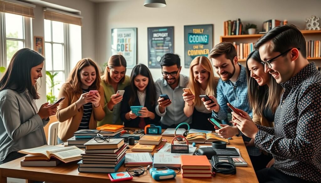 A vibrant scene depicting a mobile learning application for coding, showcasing an interactive interface filled with colorful code snippets and playful graphics. In the foreground, a diverse group of beginners, including individuals of different genders and ethnicities, each holding a smartphone, excitedly engaging with the app's features, dressed in casual yet professional attire. The middle ground features a table cluttered with coding books and friendly tech gadgets. In the background, a cozy, modern study environment with bookshelves and inspirational coding posters on the walls, illuminated by soft natural light streaming through a window. The overall mood is encouraging and dynamic, emphasizing the excitement and potential of learning coding through mobile applications.