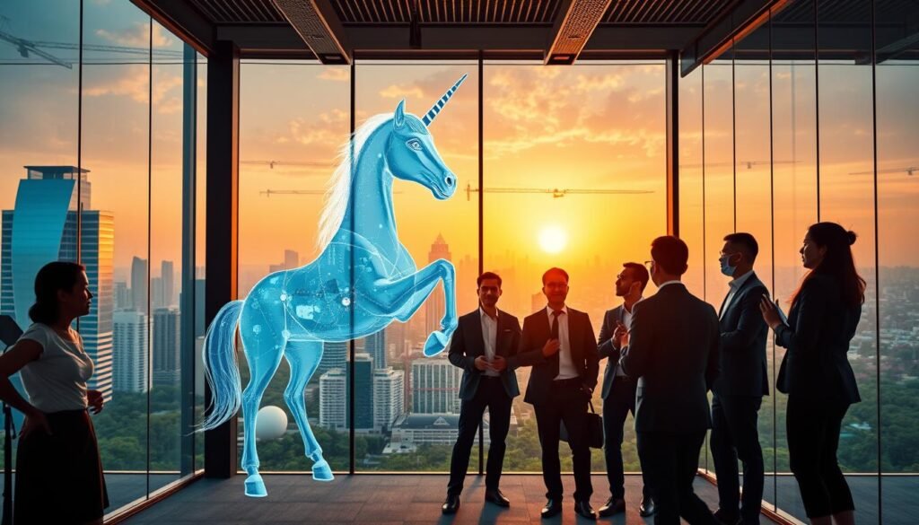 A vibrant scene depicting the rising startup culture in Indonesia, focusing on a stylized unicorn symbolizing innovation and success. In the foreground, a majestic unicorn made of digital elements stands proudly, surrounded by entrepreneurs dressed in professional business attire, engaged in dynamic discussions. The middle ground features a modern office space with large glass windows showcasing a bustling cityscape filled with skyscrapers and greenery, emphasizing Indonesia's thriving tech scene. The background reveals a sunset casting warm golden light, adding an inspirational atmosphere to the scene. A balanced composition captures the essence of growth and aspiration, using a wide-angle lens to enhance depth and focus on the unicorn as a central figure of achievement in the realm of AI startups.