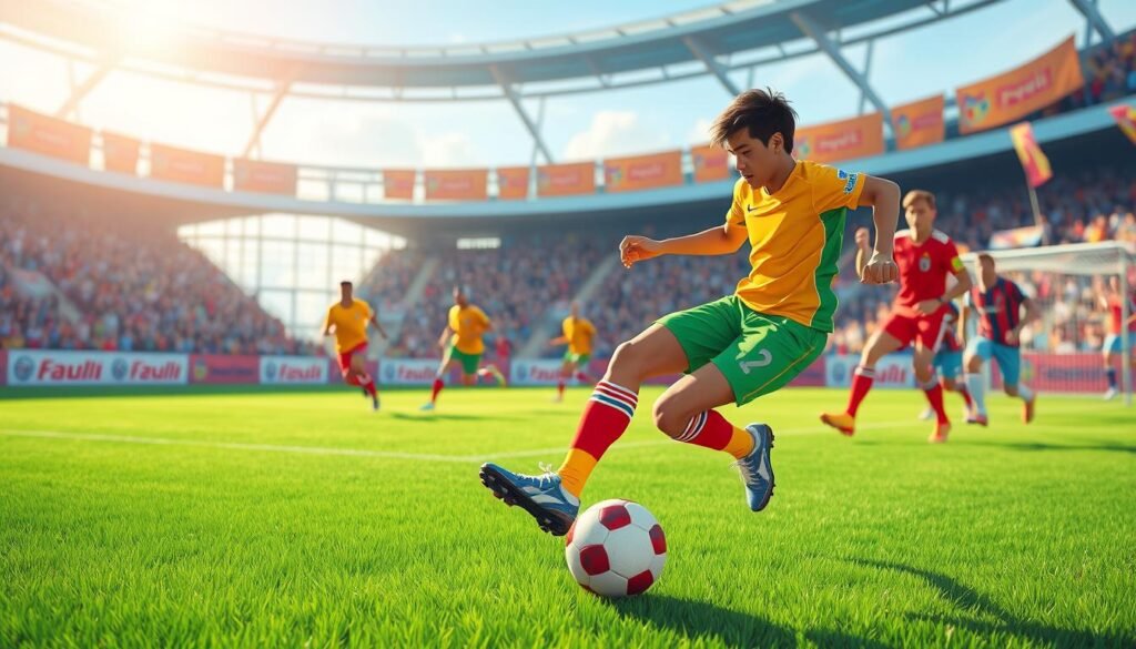 A vibrant soccer scene capturing the essence of playing football, focusing on diverse players in action on a lush green pitch. In the foreground, a player skillfully dribbling the ball, dressed in a modern, colorful soccer kit with cleats, showcasing determination and focus. In the middle ground, other players are engaged in a dynamic game, with one attempting a skillful tackle and another ready to shoot on goal. The background features cheering fans in a stadium, with banners waving and excitement in the air. Soft sunlight filters through, casting warm highlights, while a slightly blurred depth of field emphasizes the action. The atmosphere is lively, capturing the thrill and camaraderie of the game. A vibrant soccer scene capturing the essence of playing football, focusing on diverse players in action on a lush green pitch. In the foreground, a player skillfully dribbling the ball, dressed in a modern, colorful soccer kit with cleats, showcasing determination and focus. In the middle ground, other players are engaged in a dynamic game, with one attempting a skillful tackle and another ready to shoot on goal. The background features cheering fans in a stadium, with banners waving and excitement in the air. Soft sunlight filters through, casting warm highlights, while a slightly blurred depth of field emphasizes the action. The atmosphere is lively, capturing the thrill and camaraderie of the game.