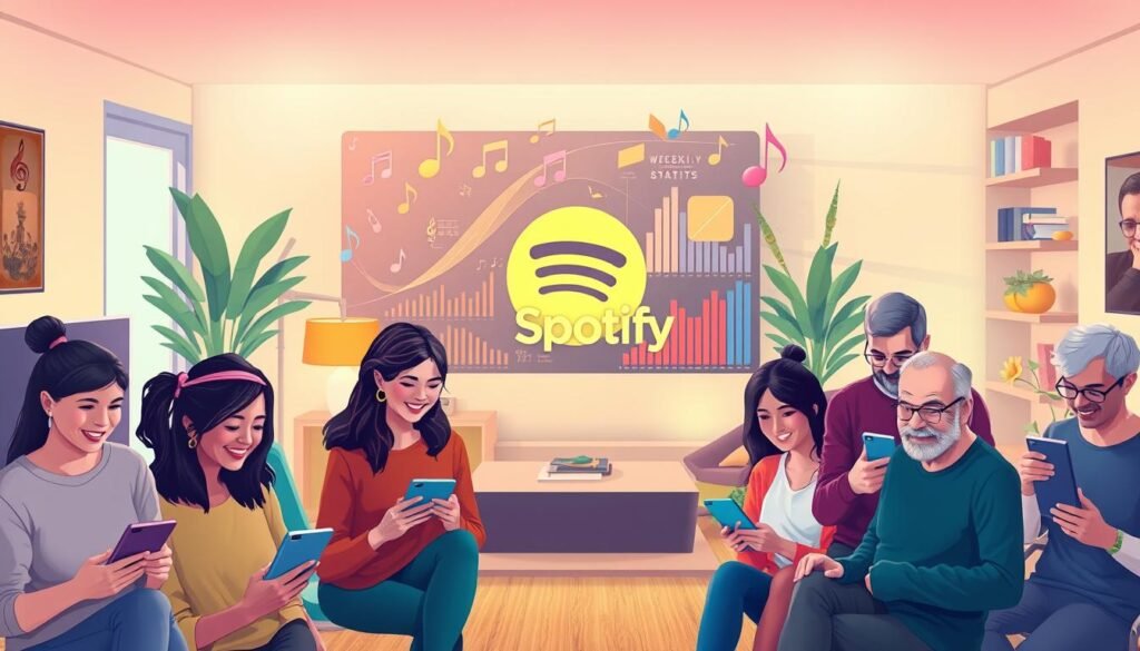 A visually engaging digital illustration showcasing the concept of Spotify's weekly statistics feature for all users. In the foreground, a diverse group of individuals representing various demographics (young adults, middle-aged users, seniors) are actively engaging with their devices, some looking pleased as they analyze their streaming stats and music preferences. The middle ground features a dynamic, colorful display of music notes, graphs, and charts indicating weekly listening trends, framed by the iconic Spotify logo. The background depicts a vibrant room filled with modern technology, cozy furnishings, and soft ambient lighting, creating a warm and inviting atmosphere. The composition should convey a sense of excitement and community, emphasizing accessibility and enjoyment in music discovery without any text or overlays.
