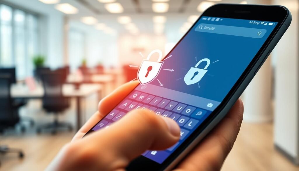 A visually striking illustration of a secure Android keyboard application on a smartphone screen. In the foreground, show the smartphone held in a person’s hand, fingers typing on the keyboard, emphasizing a sleek, user-friendly design of the keyboard with vibrant colors and easily readable keys. In the middle, include elements like a digital lock symbol or shield icon to signify security, perhaps subtly integrated into the keyboard layout. The background should feature a soft-focus office environment with a bright, natural light setting to convey a professional and trustworthy atmosphere. Use a close-up angle to draw attention to the keyboard while ensuring the overall mood feels safe and dependable.