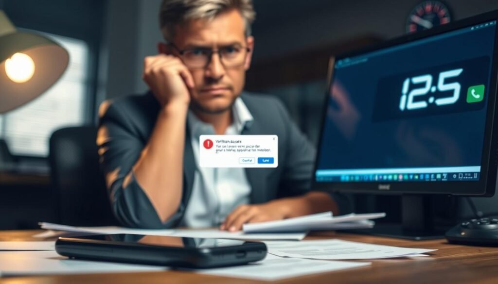 A worried individual sits at a desk, staring at a computer screen displaying a verification error message, symbolizing the loss of access to a verification phone number. Their expression reflects concern and frustration. In the foreground, a smartphone lies face down, suggesting disconnection. The middle layer shows a blurred office environment with scattered papers, creating a sense of urgency. The bright lighting highlights the individual's features, while soft shadows cast by a nearby lamp add depth. The background contains a digital clock showing late hours, emphasizing time pressure. The overall mood is tense, illustrating the common causes of losing access to verification phone numbers in a business context.