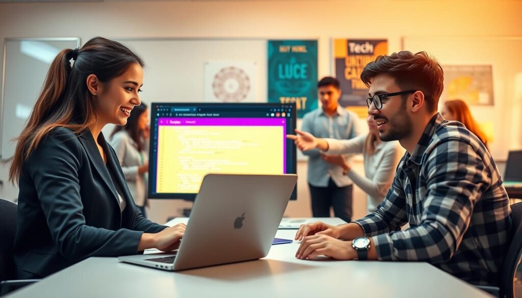 An interactive coding application, featuring a diverse group of beginners engaged in hands-on learning. In the foreground, a young woman in professional attire sits at a laptop, focused on coding exercises, while a young man beside her in casual clothing gestures excitedly at the screen. In the middle, a bright, colorful interface showcasing coding elements, like snippets of code, interactive challenges, and graphical elements, is displayed. The background features a modern classroom with whiteboards and inspirational tech posters, warmly lit to create a welcoming atmosphere. The image is captured with a soft focus and wide-angle lens to emphasize the collaborative learning environment, evoking a feeling of enthusiasm and creativity in coding for beginners.