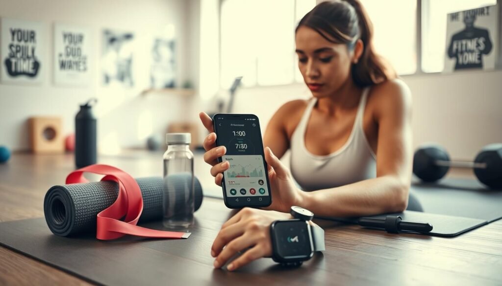 An organized workspace featuring a fitness application setup, with a sleek smartphone displaying a fitness tracking app on the screen, accompanied by a stylish smartwatch. Surround the devices with fitness accessories like a yoga mat, resistance bands, and a water bottle. In the foreground, a person wearing modest athletic wear is engaging with the smartphone, appearing focused and motivated. Soft, natural lighting floods the scene, creating an inviting atmosphere. The background shows a bright, modern fitness room with motivational posters and equipment neatly arranged. Capture a sense of preparation and determination, emphasizing the blend of technology and fitness. Use a shallow depth of field to keep the focus on the devices and the person, enhancing the professional and inspiring mood.