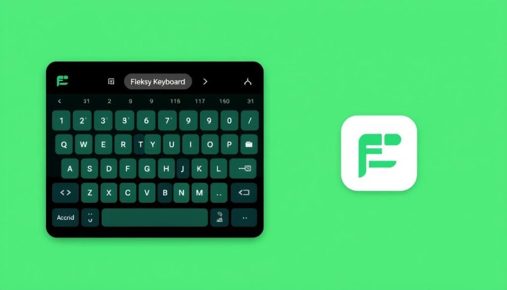 Buatlah gambar Fleksy Keyboard dengan latar belakang warna hijau dan ikon Fleksy