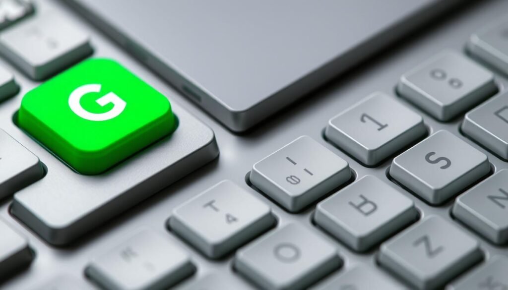 Buatlah gambar Grammarly Keyboard dengan latar belakang warna hijau muda dan ikon Grammarly