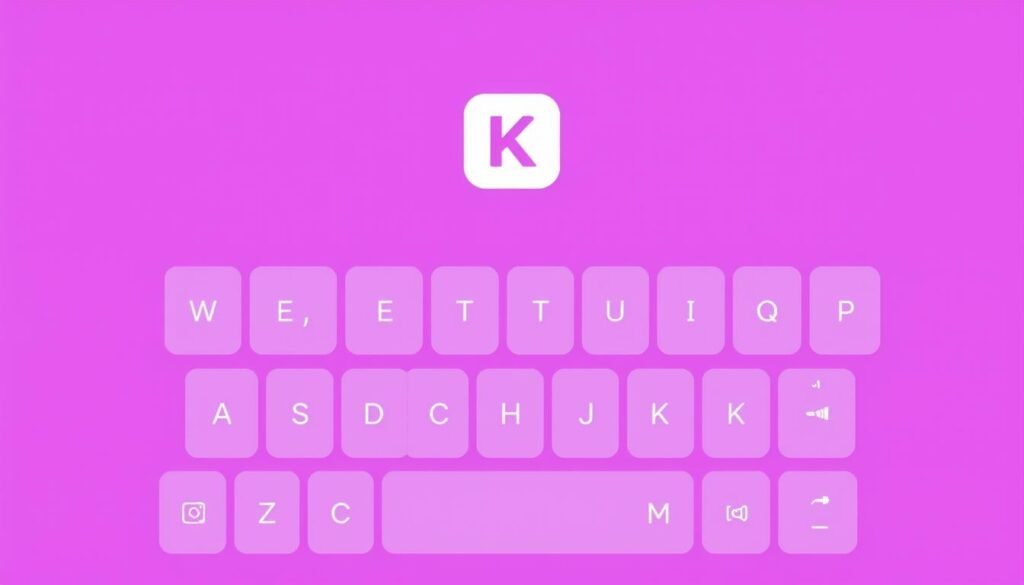Buatlah gambar Kika Keyboard dengan latar belakang warna ungu dan ikon Kika