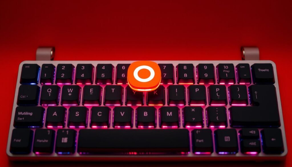 Buatlah gambar Multiling O Keyboard dengan latar belakang warna oranye dan ikon Multiling O