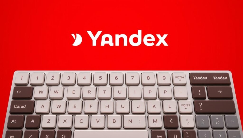 Buatlah gambar Yandex Keyboard dengan latar belakang warna merah dan ikon Yandex